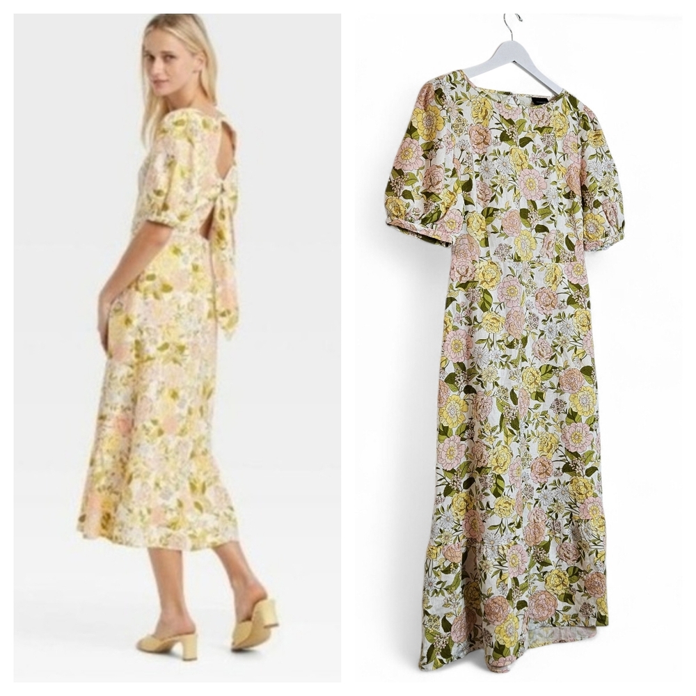 Who What Wear Floral Prairie Midi Dress Puff Sleeve Cottagecore Tie Back Size S